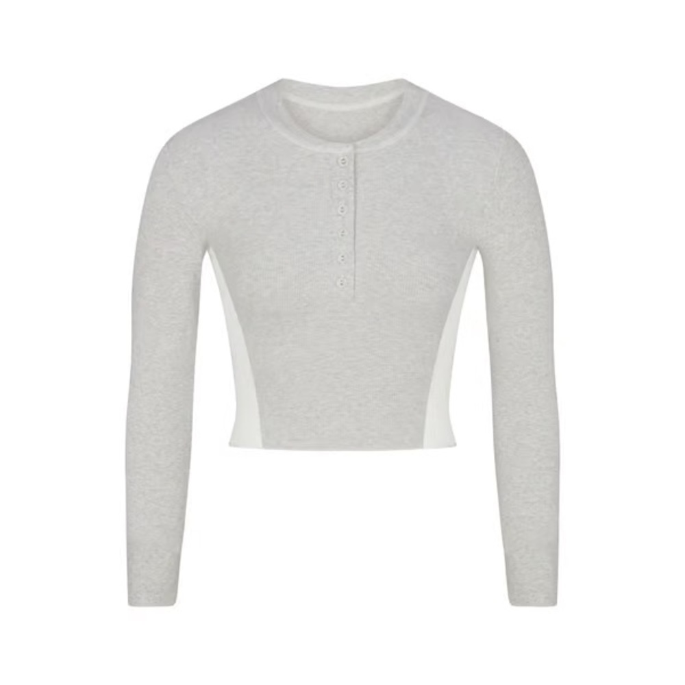 SKIMS Cotton Rib Long Sleeve Crop Henley - Light Heather Grey Multi